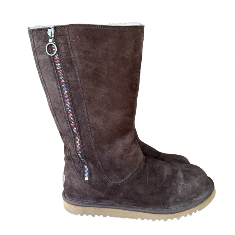 UGG Australia Rainbow Zipper Chocolate Brown Hayden Tall Womens Suede Boots Sz 6